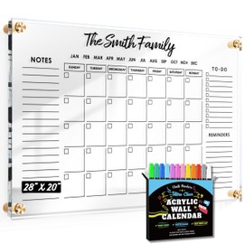 Large Oversize Crystal Clear Acrylic Wall Calendar Dry & Erase Board | 28" X 20" | Monthly Family Calendar Home Office Glass Calander Reusable Big Whiteboard | Free Pens & Eraser