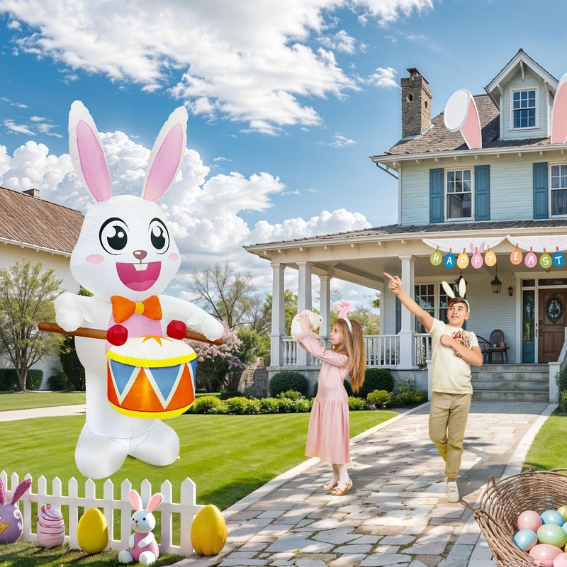OurWarm 8FT Easter Inflatables Outdoor Decorations, Drumming Inflatable Easter Bunny