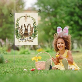Easter Bunny House Flag 2 Pack，He is Risen Double Sided Polka Dot Rabbit Bunny Laurel Wreath Burlap Yard Flag for Outdoor,Holiday Decorative House Flag,Seasonal Decor for Spring Farmhouse