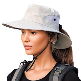 Feelorna Women Sun Hat, UV Protection Breathable Wide Brim Safari Hat with Adjustable Chin Strap, Foldable Water Resistant Beach Fishing Hats with Ponytail Hole (UK, Alpha, One Size, Beige)