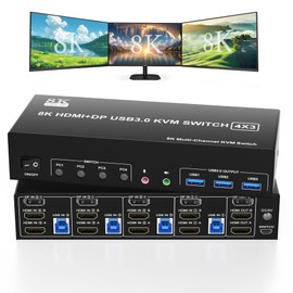 KVM Switch 3 Monitors 4 Computers 8K@60Hz 4K@144Hz, 2 HDMI+1 Displayport KVM Switch Triple Monitor for 4 Computer Share 3 Monitor and 3 USB3.0 Port Keyboard Mouse, Support Extended and Copy Mode