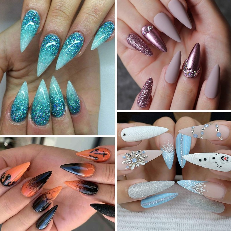600 Pieces Long False Nails Stiletto FITDON Transparent Full Cover