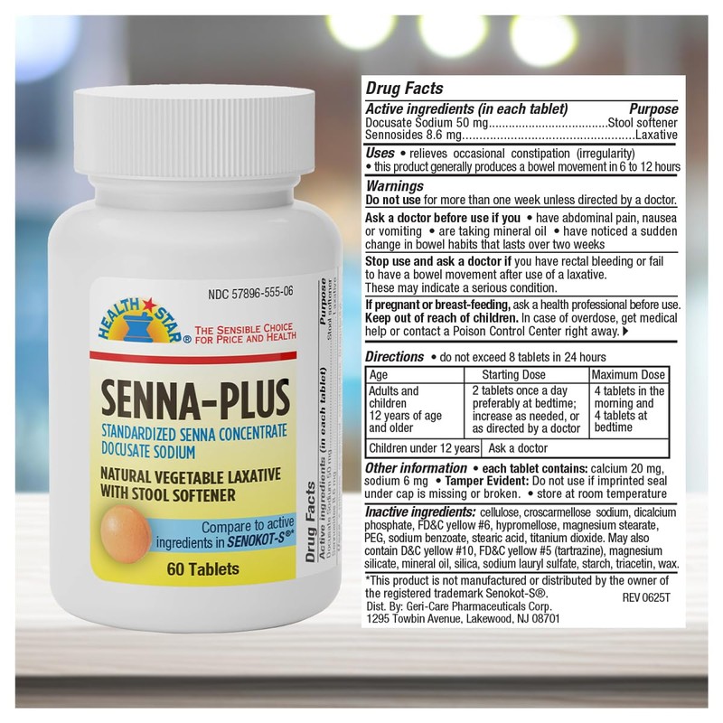 GeriCare Senna Plus Natural Vegetable Laxative with Stool Softener, Docusate