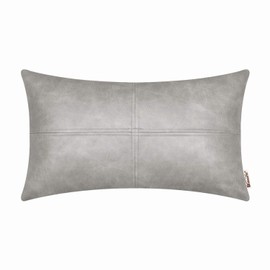 BRAWARM Faux Leather Throw Pillow Covers 12 X 20 Inches, Gray Leather Pillow Cover, Hand Stitched Leather Decorative Lumbar Pillow Cover for Couch Sofa Bed Living Room Home Garden