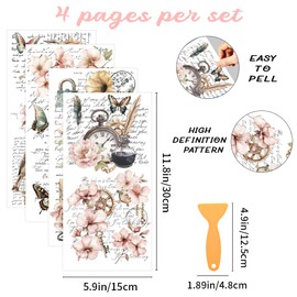 WEBEEDY 4 Styles Vintage Rub on Transfers Stickers for Furniture, Flower Butterfly Decals, Stickers Art for Wall Murals Window Envelope Bedroom Scrapbooking Card Decoration, 15x30cm/5.9x11.8''