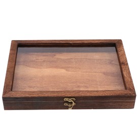 Cabilock Wood Glass Top Display Case Wooden Jewelry Display Case Storage Tray Collectibles Organizer Wood Keepsake Collector Storage Box with Metal Clasp for Specimen Treasure 31x22x4cm