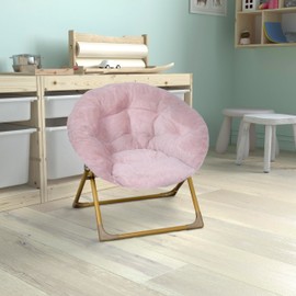 Flash Furniture Gwen Kids Cozy Mini Folding Saucer Chair - Blush Faux Fur Moon Chair - Soft Gold Metal Frame - 23" Portable Folding Chair For Living Room or Bedroom