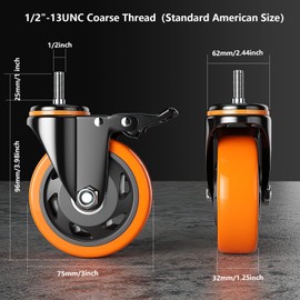 3 Inch Caster Wheels 2200Lbs, Threaded Stem Casters Set of 4 Heavy Duty, 1/2"-13 x 1" (Screw Diameter 1/2", Stem Length 1"), Safety Dual Locking Industrial Castors, Wheels for Cart, Furniture