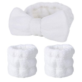 Gangel Cute Bow-Knot Solid Color Spa Headband and Wrist Bands Set Soft Microfiber Elastic Hair Band for Washing Face Bow-Tie Kawaii Makeup Skincare Headbands Coral Velvet Facial Head Wraps for Women