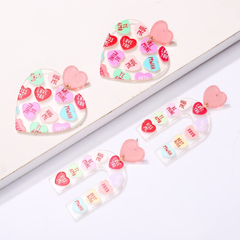 BSJELL Heart Earrings Love XOXO Heart Message Printed Lucite Arch