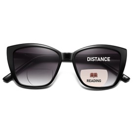 PUBOWT Bifocal Reading Sunglasses for Women Oversized Cat eye Fashion Sun Reader Spring Hinge Eyewear UV400 Protection PT2001C (+ 2.0 Strength, Black)