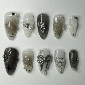 24 Pieces Handmade False Nails Almond - Black Press on Nails Medium Length - 3D Metal Bow Pearl Star Elements Fake Nails with Glue - Glossy Full Cover Stick on Nails for Women Girls in 12 Sizes