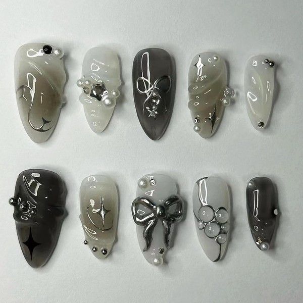 24 Pieces Handmade False Nails Almond - Black Press on