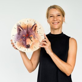 speecheese Wolf Wall Clock Watercolour Look Beautiful Clock with Painted Wolf Head as Decoration for the Children's Room or Your Small Studio