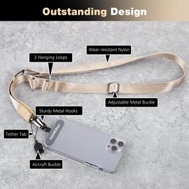 MoKo Universal Phone Lanyard, Nylon Adjustable Crossbody Phone Lanyard with 1× Phone Strap, 2× Patches, 1× Tether, Neck Cell Phone Lanyard for Men and Women Compatible with Most Smartphones, Khaki