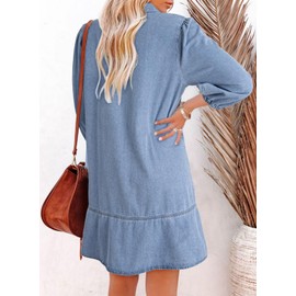 Dokotoo Women's Denim Dress Cute Babydoll Short Sleeve Summer Dresses for Women 2025 Fashion Casual Loose V Neck 3/4 Puff Sleeve Jean Dress Beau Blue Large