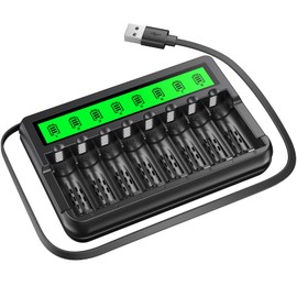 EBL AA AAA Battery Charger with Built-in Charging Cable, High-Speed Charging 8 Bay LCD Battery Charger Independent Slot for AA AAA Ni-MH Ni-CD Rechargeable Batteries