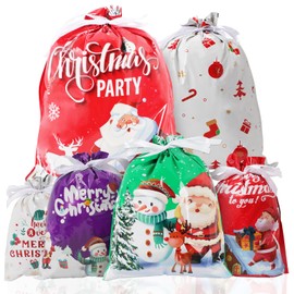 Yunaeduo 30 Pcs Christmas Bags with Drawstring - Assorted Sizes Christmas Gift Bags for Presents - Christmas Plastic Wrapping Bags Bulk - Xmas Gift Bags with Tags - 6 Designs (5 of Each)
