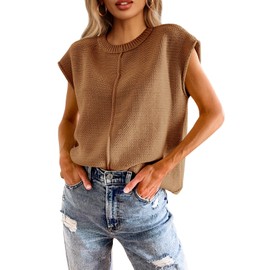 Saodimallsu Womens Summer Cap Sleeve Tops Casual Crew Neck Loose Fit Knit Lightweight Sweater Pullover Top Coffee