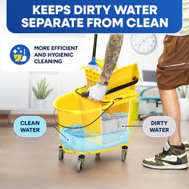 PLASTIC PRINCE 35-Quart Yellow Side-Press Mop Bucket and Wringer Combo on Wheels with Two Wet Floor Caution Signs and Dirty Water Bucket for Commercial Use Professional Industrial Business Household