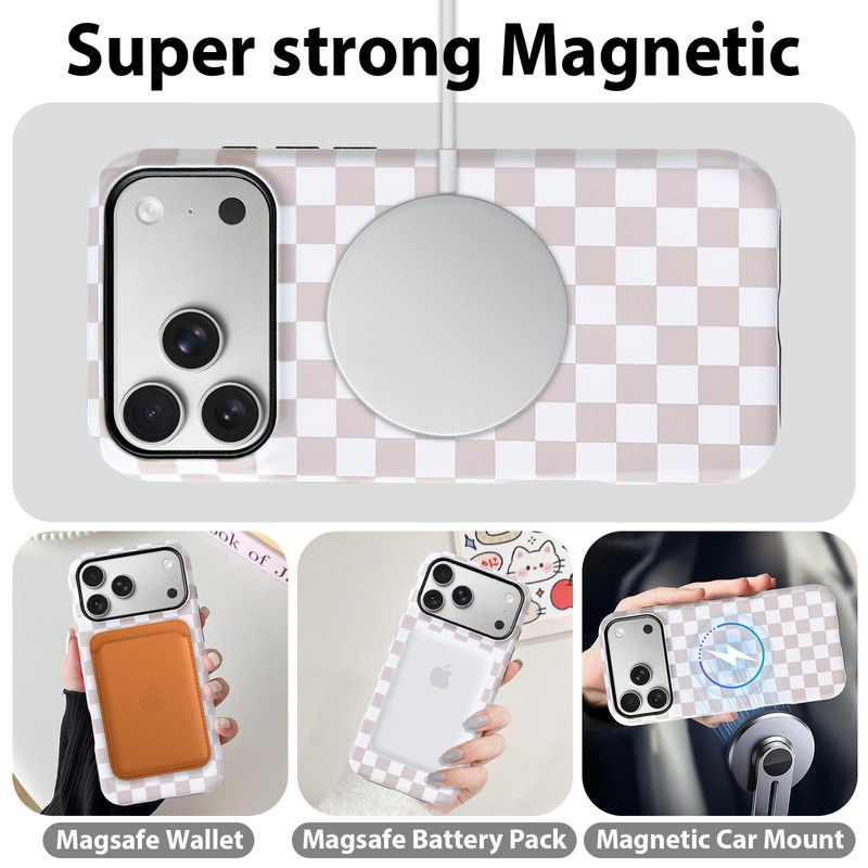 Lovmooful Magnetic foriPhone 17 Pro Max Case Lattice Plaid-Khaki&White