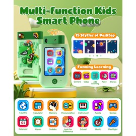 Kids Smart Phone Toys for Boys, Christmas Birthday Gifts for Girls Boys Ages 3-10, Touchscreen Toddler Learning Play Toy Phone with Rotating Camera, Game, Music Player, 8GB SD Card(Green Dinosaur)