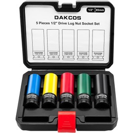 DAKCOS 1/2" Drive Impact Lug Nut Socket Set, 5PCS Metric 17 19 21MM & SAE 13/16 7/8INCH Wheel Socket Set, Thin Wall Socket Set with Colored Protective Covers