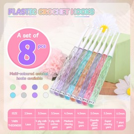 Aeelike Crochet Hooks Set Plastic, 8Pcs Inline Crochet Hook Set UK Size 2.5mm 3mm 3.5mm 4mm 4.5mm 5mm 5.5mm 6mm, Colourful Crystal Non-Slip Ergonomic Crochet Hooks, Plastic Crochet Hooks for Travel