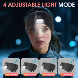 LED Winter Headbands for Women and Men Ear Warmer Headband with Light, 4 Light Modes, USB Rechargeable Warm Headbands for Cold Weather Running Cycling Ski