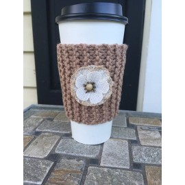 Unbranded Hand Knit Coffee Cup Drink Sleeve  Koozie With Fabric Flower