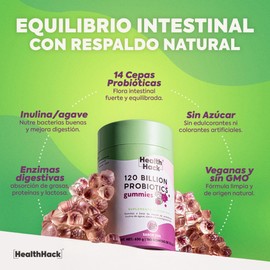 Gomitas de Probioticos 120 Billones y 14 Cepas sabor Uva | 180 gomitas para 3 meses, con Inulina de Agave, Enzimas Digestivas y Prebioticos | Ingredientes Naturales, Sin Azúcar | Health Hack