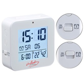 infactory Funk Reisewecker: Funk-Wecker mit 2 Weckzeiten, Thermo-Hygrometer, Lichtsensor, weiß (Wecker mit Zwei Weckzeiten, Wecker Digital, Beleuchtete Uhr)