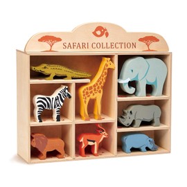 Tender Leaf Toys Safari Animals – 8 Wooden Zoo Figurines with a Display Shelf -Classic Toy for Pretend Play – Develops Social, Creative & Imaginative Skills – Learning Role Play – Ages 3+ Years