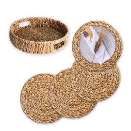 Set of 4 Woven Hyacinth Placemats with Matching Tray Placemat Holder – 13.7'' Round, Natural Water Hyacinth, Boho Farmhouse Dining Table Wicker Chargers for Dinner Plates, Handmade Tabletop Décor