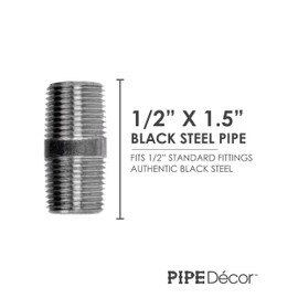 PIPE DÉCOR 1/2" x 1.5" Malleable Cast Iron Pipe Nipple, Pre Cut Connectors, Industrial Steel Grey Fits Standard Half Inch Black Threaded Pipes Nipples and Fittings, Vintage DIY Furniture, 10 Pack