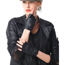 NappaNovum Women's Half Finger Leather With Silk Lining Performance Cycling Driving Gloves (L, Black)