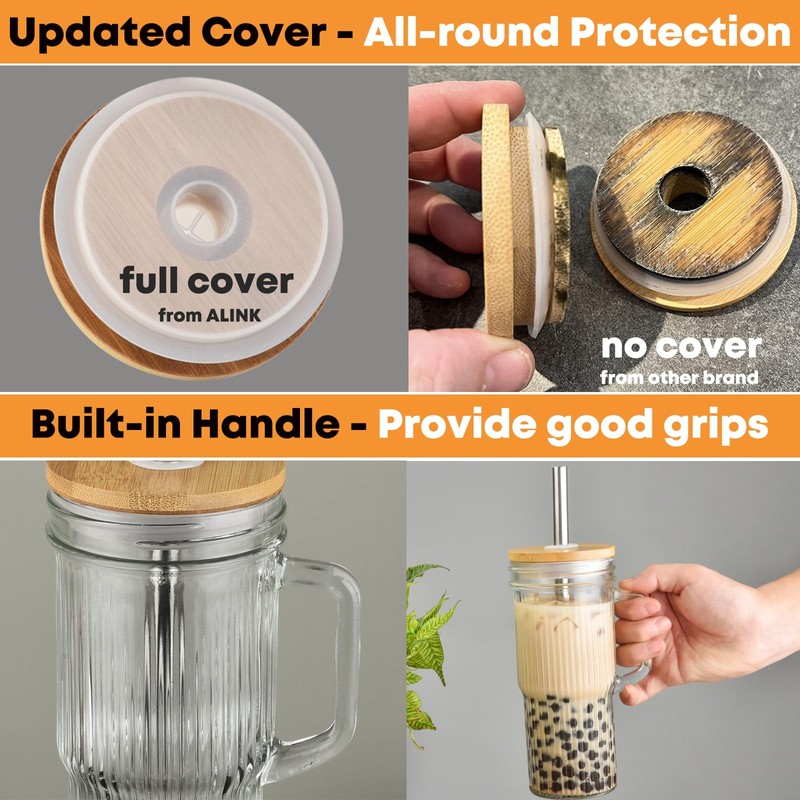 ALINK 24oz Ribbed Glass Cups with Bamboo Lids and Straws,
