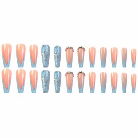 MISUD Press on Nails - Long Coffin Glue on Nails with Summer Blue, Acrylic French Tip Design 24 pcs