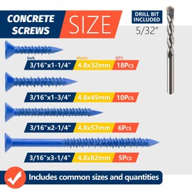 SANJODS Concrete Screw Anchor - 3/16" Diameter, 4 Sizes (1-1/4", 1-3/4", 2-1/4", 3-1/4") Set - Blue Flat Head Screws Kit for Anchoring to Masonry, Brick, Block, Cement or Stucco (Pack of 39)