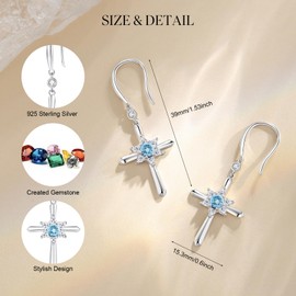FANCIME Aquamarine Cross Dangle Drop Earrings 925 Sterling Silver Dainty Round March Birthstone Earring Fine Jewelry Birthday Gifts for Her Women