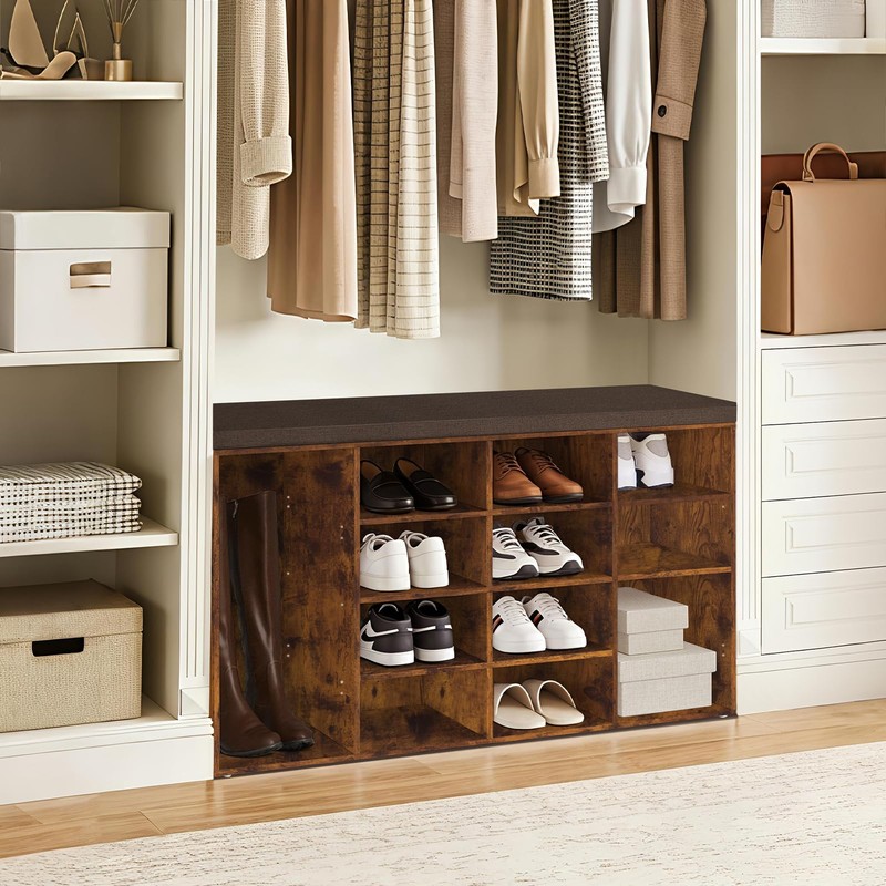 DINZI LVJ Shoe Storage Bench with Cushion, 14-Cubby Shoe Rack,