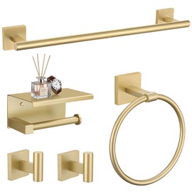 TURS 5-Pieces Brushed Gold Bathroom Hardware Set 23.6 Inch SUS304 Stainless Steel Towel Bar Set Wall Mounted Square Toilet Paper Holder with Shelf