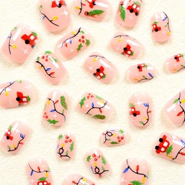 LBPEPAMZ Christmas Press on Nails Short Square Fake Nails with Red Car Design Colorful Lanterns Nude Stick on Nails Xmas Tree Full Cover Glossy Acrylic Nails False Nails for Women Manicure Decor 24Pcs