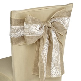 Trimming Shop 7" x 108" (18cm x 274cm) Vintage Hessian Sashes Chair Cover Bows with White Lace Natural Burlap Rustic Shabby Sewed Edge Wedding Reception Home Garden Party Decoration, 1pc