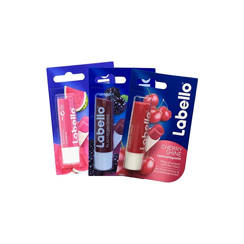 Paquete de 3 bálsamos labiales Labello Sandía, Mora, Cherry Shine