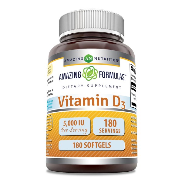 Amazing Formulas Vitamin D3 Cholecalciferol Supplement | 5000 IU Per Serving | Softgels | Non-GMO | Gluten-Free | Made in USA (180 Count)