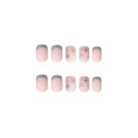 SINHOT Square Press on Nails Short Fake Nails Glossy Glue on Nails Silver Star Acrylic Nails Squoval Artificial Nails Silver Glitter French Tip Stick on False Nails with Design 24 pcs