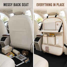 PU Leather Car Seat Back Organizer with Foldable Tray, Multi-Pocket Storage, Tissue and Bottle Holders, Anti-Kick Seat Protector