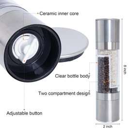 Miayon 2 in 1 Salt and Pepper Grinder Stainless Steel Manual Pepper Mill Adjustable Coarseness Ceramic Spice Grinder Dual Refillable Salt Pepper Mill Shaker for Camping Travel Outdoor Home BBQ