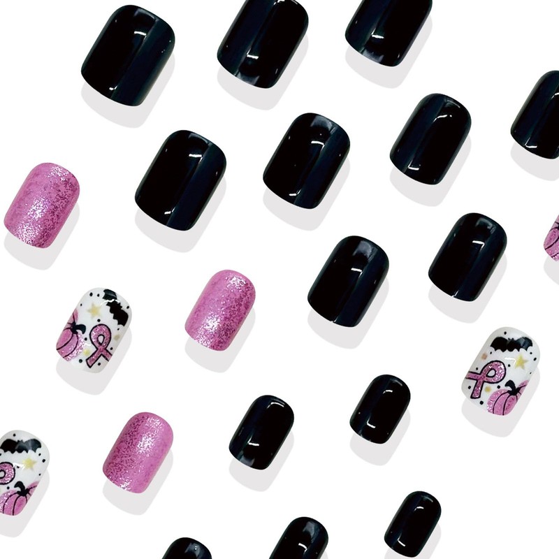 IMRAIN Press on Nails Short Square Fake Nails Pink Black